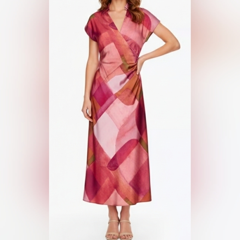 ZARA Geometric Print Short-Sleeve Satin Midi, Collared Surplice Neck, Pink, XS